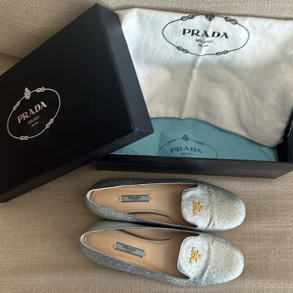 Prada Silver Glitter Loafers with Gold Logo Plaque